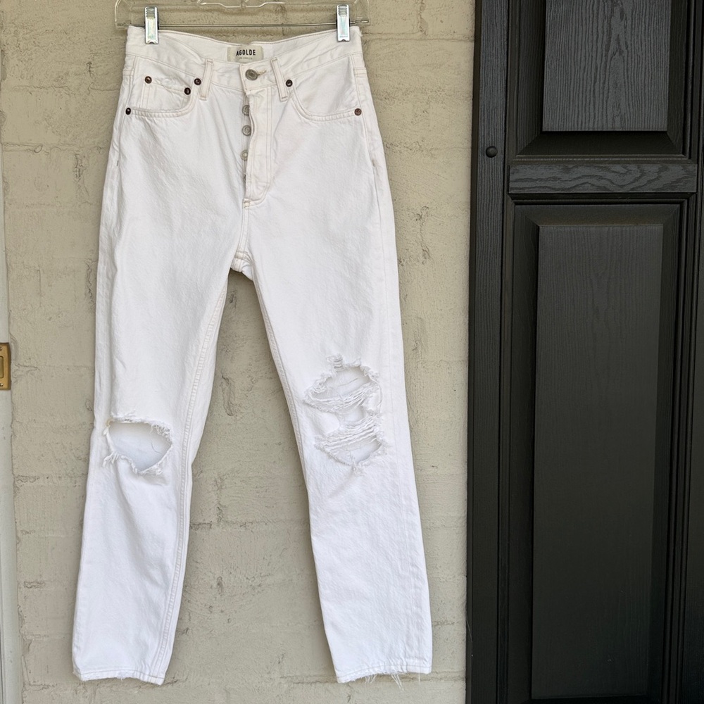 AGOLDE Riley White High Rise Distressed Button Fly Straight Crop Jeans Waist 24 - Picture 2 of 14